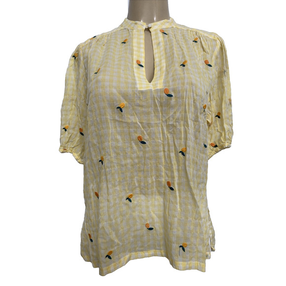 Trovata Tops - Trovata Birds Paradis Aline Top Shirt Blouse Yellow Plaid Short Sleeve Lemon S
